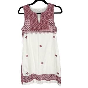 Madewell 0 White Red Stitch Mosaic Shift Dress Embroidered Sleeveless Split Neck